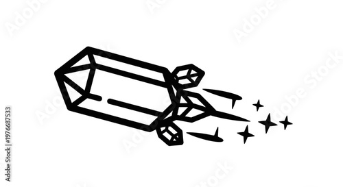 Black-and-white retro rocket ship illustration with flames blasts off into space with stars.