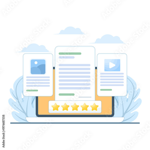 Flat illustration of media ranking and review system, showing feedback, reputation management, and quality assessment in a clean banner style. flat design illustration on background.