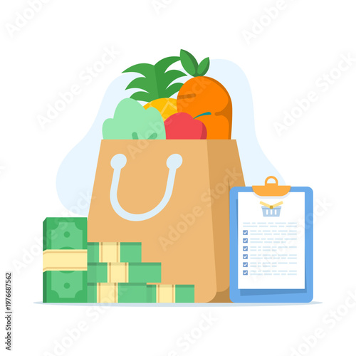 Vector concept of grocery bag and budget checklist, highlighting cost tracking, meal planning, efficient spending, and managing household shopping expenses. flat vector illustration.