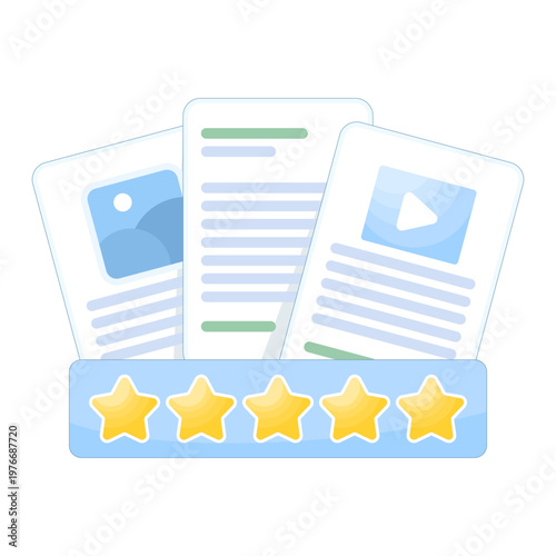 Flat illustration of media ranking and review system, showing feedback, reputation management, and quality assessment in a clean banner style. flat design illustration on background.