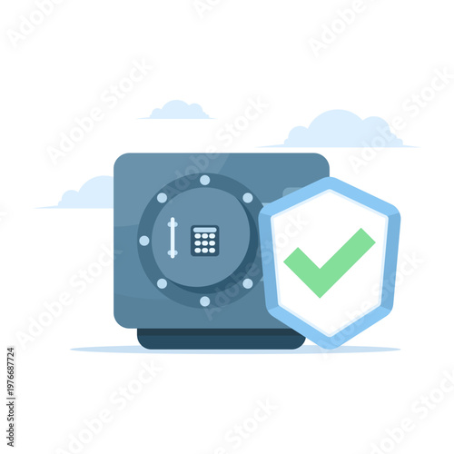 Illustration of a safe with shield and checkmark, representing protecting money, secure savings, financial security, and safeguarding personal or business funds. flat vector illustration.