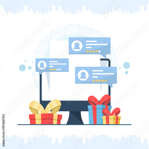 Concept illustration of customer reviews displayed on a computer screen. Suitable for digital marketing, feedback management, website UX, and online review visuals. flat design illustration.