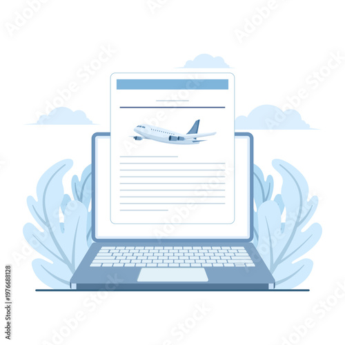 Illustration of online airplane check-in via laptop with departure information board. Ideal for travel booking, airline services, ticket reservations, and digital airport system visuals. flat design.