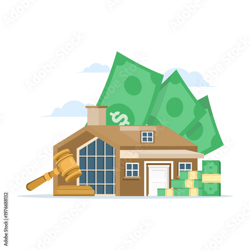 Creative illustration of auction and property bidding, featuring house, gavel, cash, and coins, representing buying, selling, and real estate trial in flat design. flat vector illustration,.