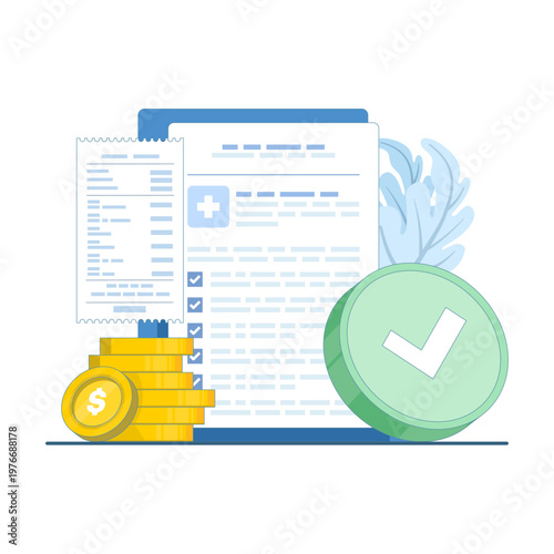 Modern illustration of medical documents with data results and hospital bill payment concept, showing healthcare administration and forms in flat style. flat vector illustration.