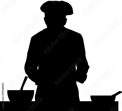 Black silhouette of a professional chef wearing a toque cooking at a kitchen counter with a bowl and pan isolated on a white background