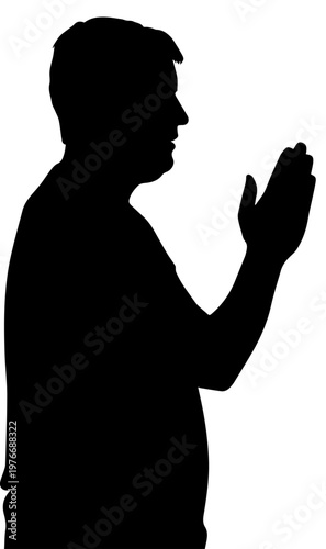 Black silhouette of a man praying or applauding in profile view isolated on a white background