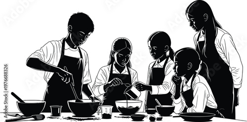 Family Cooking Together Silhouette