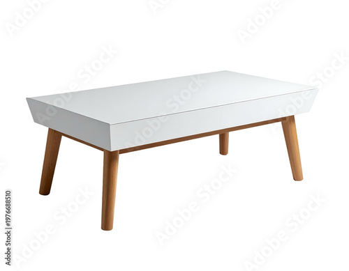 Sleek white table with tapered wooden legs