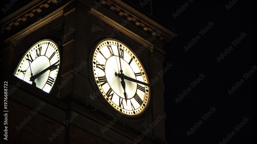 Fototapeta premium Clock tower showing the time as 11:05 at night with illuminated clock faces against a dark sky.
