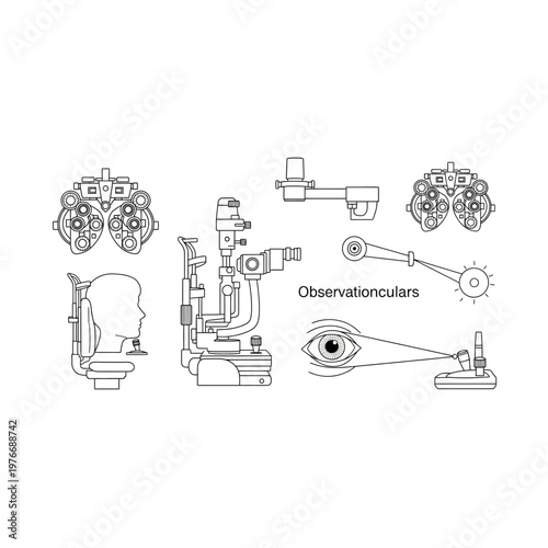Ophthalmic examination and diagnostic equipment line icons with eye care