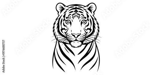 A detailed black and white line art illustration featuring the portrait of a majestic tiger head. Vector, illustration