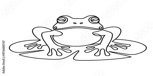 A minimalist single line drawing of a small frog perched calmly on a large green lily pad leaf Vector, illustration
