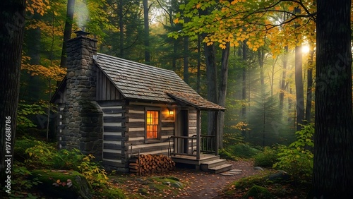 Cozy Log Cabin in Autumn Forest with Sunbeams.