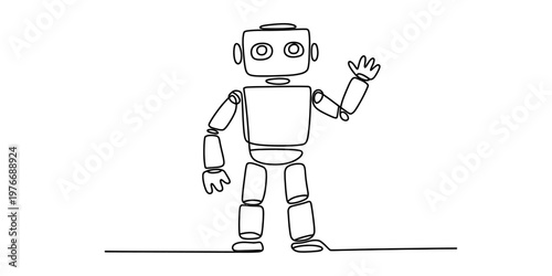 A simple continuous line drawing of a friendly robot waving its hand at the viewer on white Vector, illustration