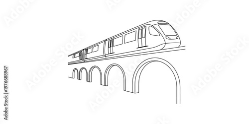 A simple black and white line drawing of a modern passenger train moving across a long viaduct Vector, illustration