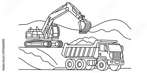 A black and white line art illustration of a large construction excavator filling a dump truck Vector, illustration