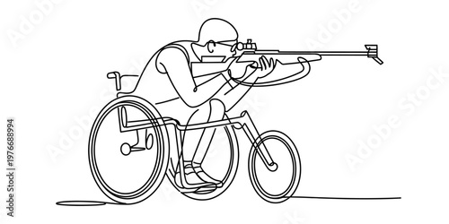 A single continuous line drawing of a paralympic athlete using a wheelchair to compete in shooting Vector, illustration