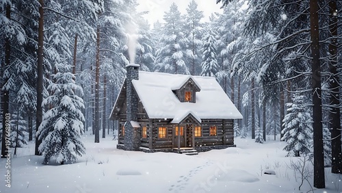 Cozy Log Cabin in Snowy Forest.