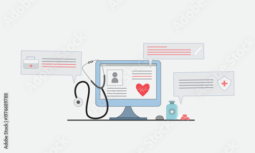 Modern telemedicine vector illustration with computer screen displaying medical record, stethoscope, chat bubbles, heart icon, and medicine, representing online consultation, digital healthcare,