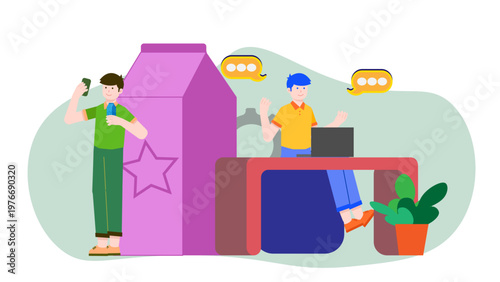 Male influencer recording content while standing next to giant product