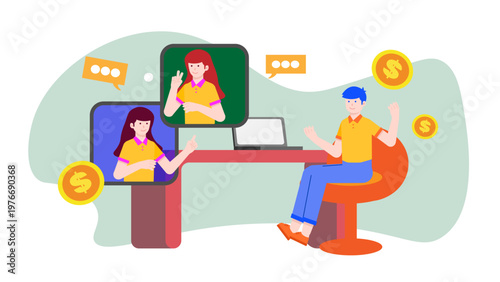 Man working on laptop with female affiliates appearing on screens