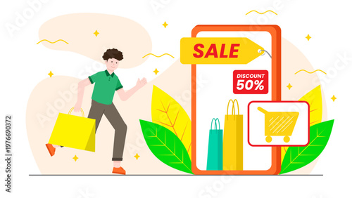 Man running towards giant smartphone displaying big sale discount