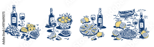 Mediterranean hand-drawn whimsical vector food compositions with wine, glasses, cheese, olives, lemons, grapes, oysters and pasta. Decorative scenes for menu, restaurant branding and packaging