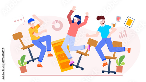 Group of people wearing VR headsets experiencing immersive digital environment