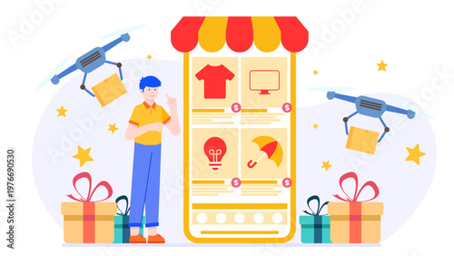 Digital product showcase on mobile screen with drone delivery and gift boxes
