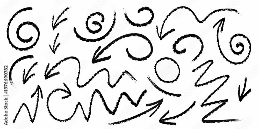 Obraz premium Collection of hand drawn black arrows and swirling shapes on white background