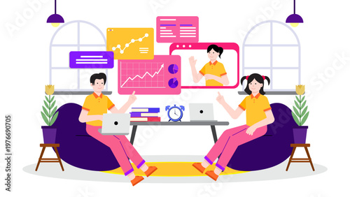 Team working with smart devices and data charts in modern office