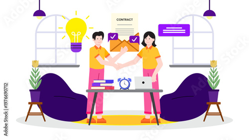 Business partners shaking hands over a digital smart contract