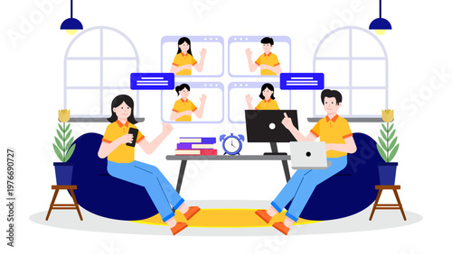 Coworkers conducting a video conference with remote team members