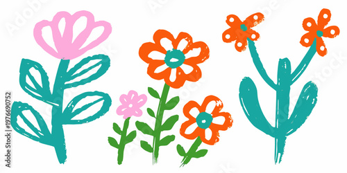 Child s drawing of colorful flowers with simple shapes and green stems