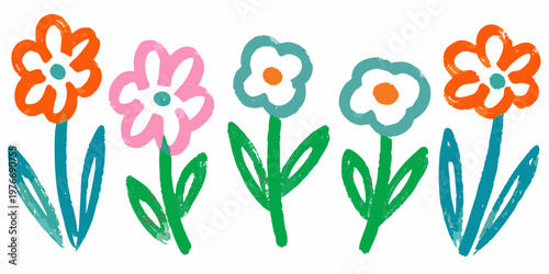 A row of colorful childlike flowers with simple green stems