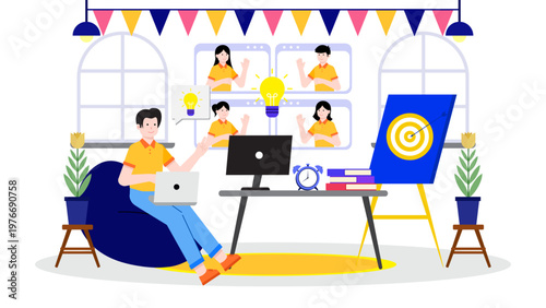 Team conducting a remote brainstorming session and online meeting with colleagues on screen