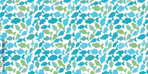 Abstract pattern of colorful fish shapes in varying shades of blue and green