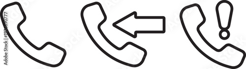 Phone call icons, solid glyph style phone symbols, incoming outgoing call arrows. Ringing phone simple icon set. Smartphone ringing. Phone sign. Telephone call symbol. Cell ringing phone icons