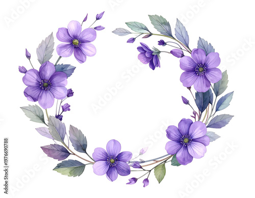 Delicate purple floral wreath with leaves, a decorative border