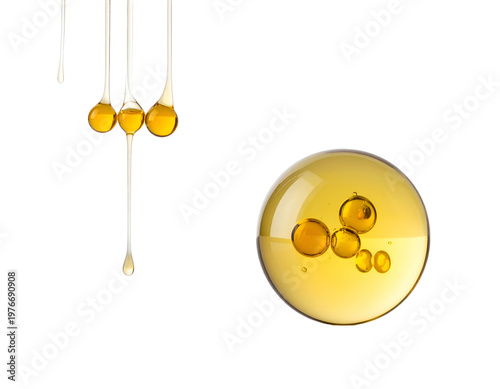 Golden liquid droplets and bubbles suspended in clear sphere