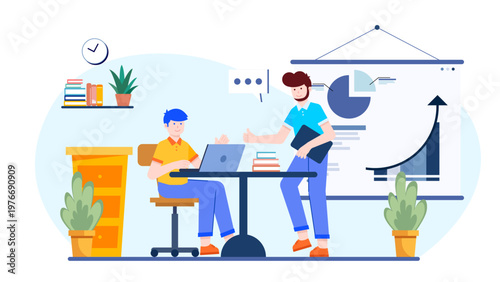 New employee sitting at a desk while a mentor gives a thumbs up and explains a chart