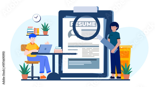 An HR manager using a magnifying glass to inspect a large resume on a clipboard