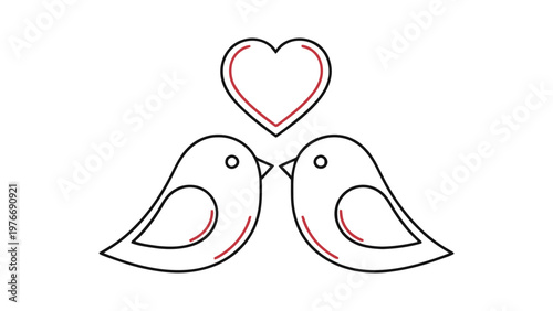 Cute Minimalist Line Art Illustration of Two Loving Birds Facing Each Other with a Red Heart Symbol Above, Representing Romance and Valentine's Day.