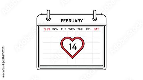 Simple outline illustration of a desk calendar showing February 14th highlighted with a red heart, symbolizing Valentine's Day.