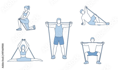Man doing resistance band exercises, vector illustration showing full-body workout with elastic band, emphasizing strength training, flexibility, and fitness, ideal for health, sports