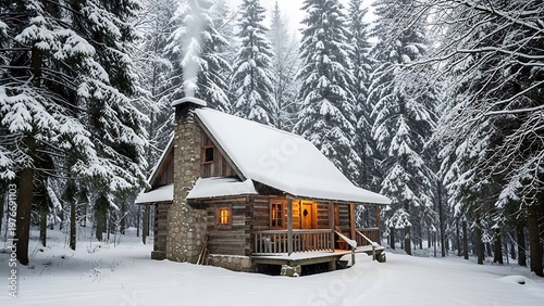 Cozy Log Cabin in Snowy Forest with Smoke from Chimney.