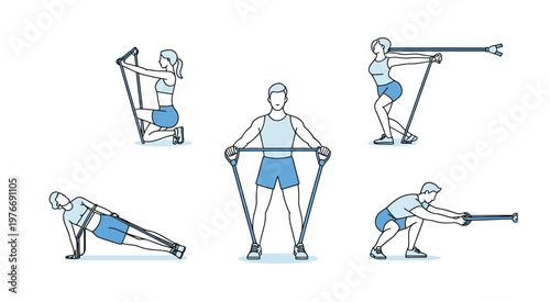 Man doing resistance band exercises, vector illustration showing full-body workout with elastic band, emphasizing strength training, flexibility, and fitness, ideal for health, sports
