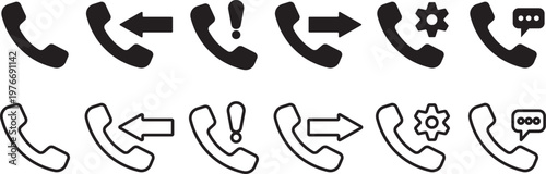 Phone call icons, solid glyph style phone symbols, incoming outgoing call arrows. Ringing phone simple icon set. Smartphone ringing. Phone sign. Telephone call symbol. Cell ringing phone icons