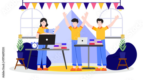 Happy business team celebrating a work anniversary or project milestone in the office with decorations